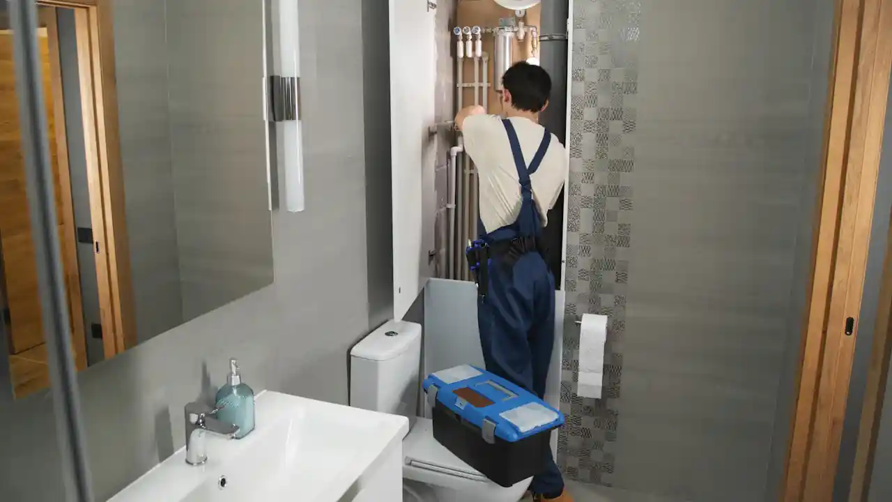 Water heater drain pan installation in La Mirada: plumber working on plumbing in a bathroom