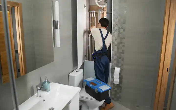 Water heater drain pan installation in La Mirada: plumber working on plumbing in a bathroom