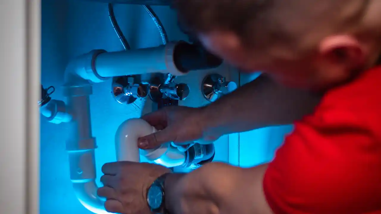 Water heater element gasket replacement in La Mirada: technician checking plumbing connections for the source of a leak