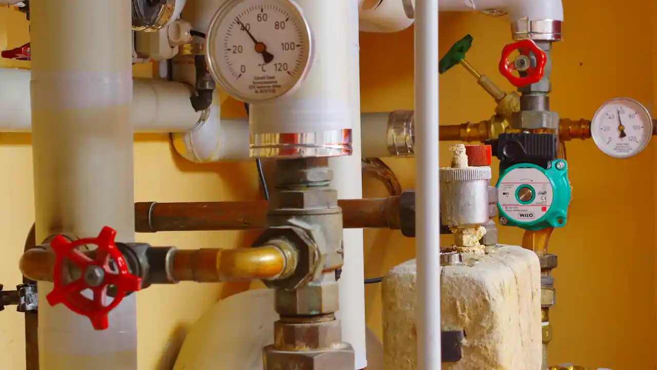 Water heater supply line replacement in La Mirada: plumbing pipes with red shut-off valve handles